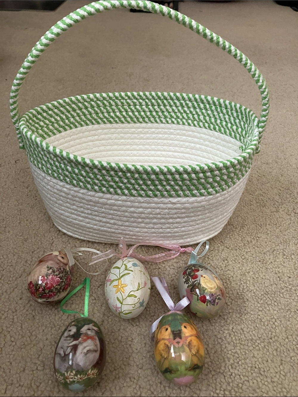Woven Easter basket and painted egg ornaments bundle, new condition, detailed